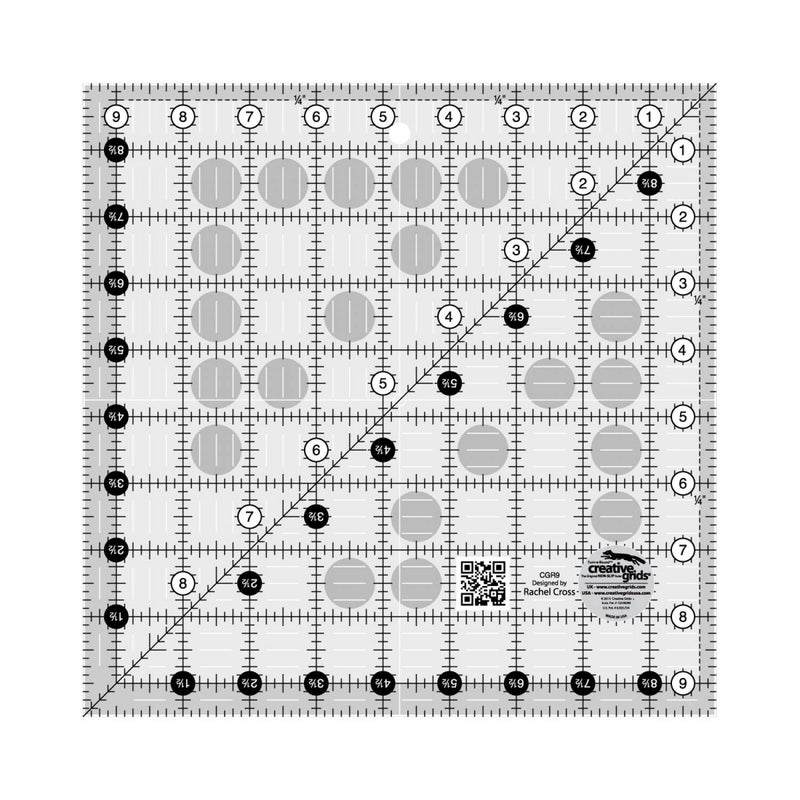 Creative Grids Quilt Ruler 9-1/2in x 9-1/2in Square â€“ CGR9 â€“ Made in USA, Non-Slip Grip Acrylic Quilting, Sewing, Crafting, Patchwork Ruler for Measuring & Cutting Fabric - Image 1